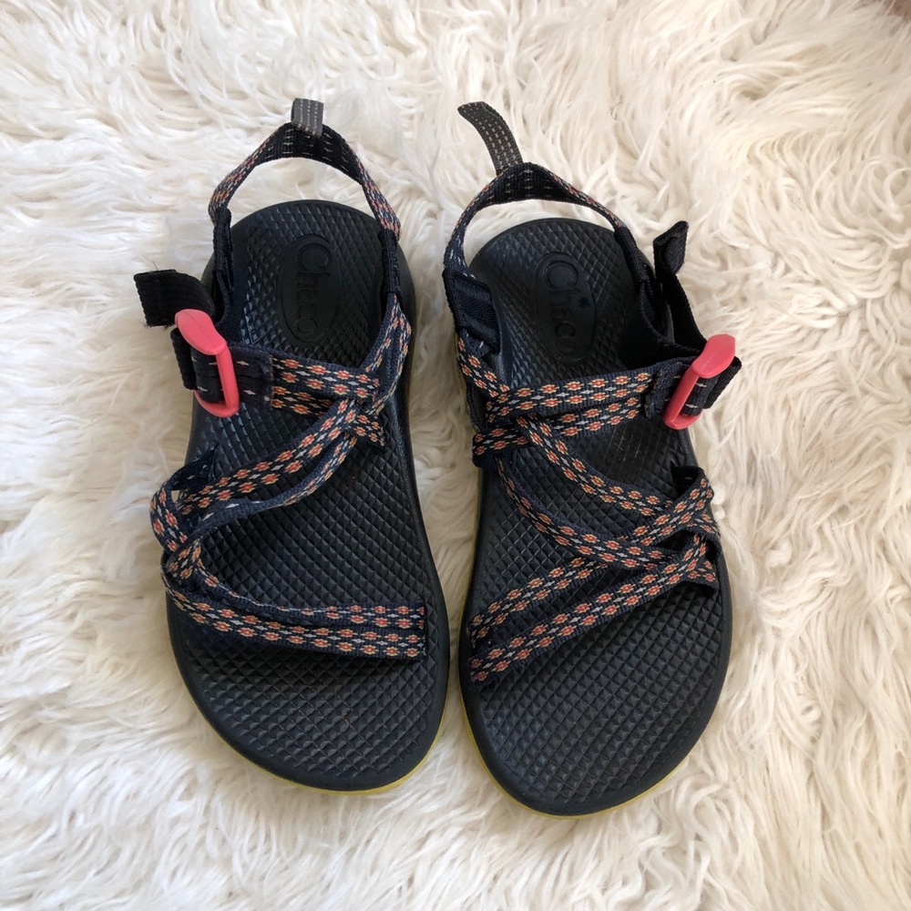 Chaco Kids Black Sandals with Coral Strap Pattern and Pink Buckles